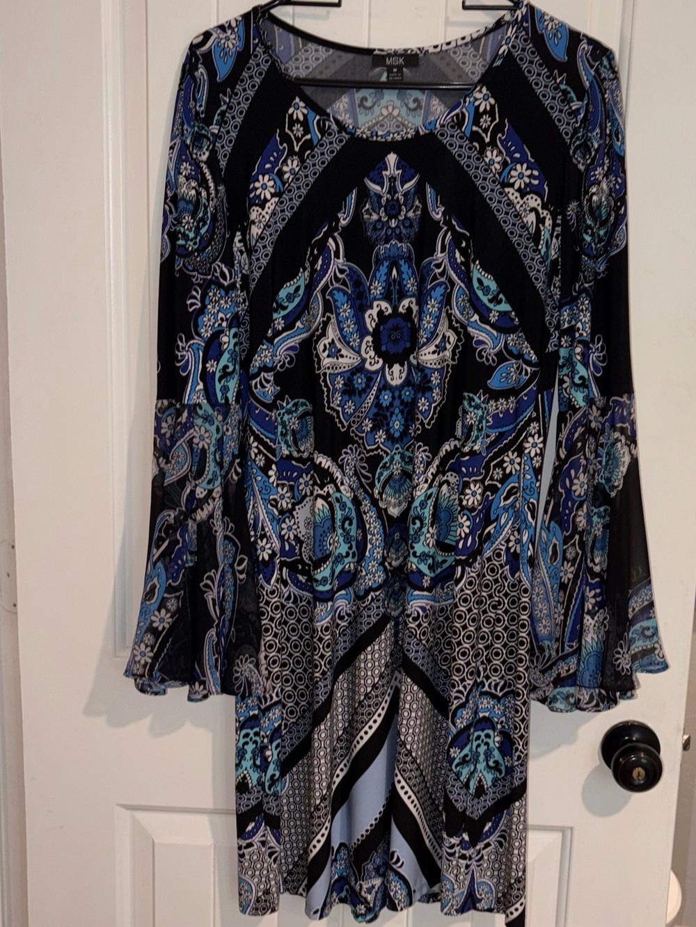 MSK Black Blue White Paisley-Patterned Midi Dress